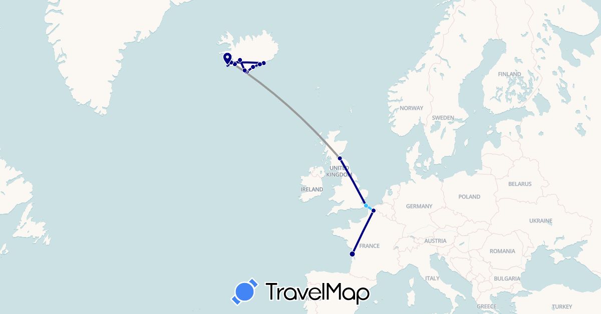 TravelMap itinerary: driving, plane, boat in France, United Kingdom, Iceland (Europe)